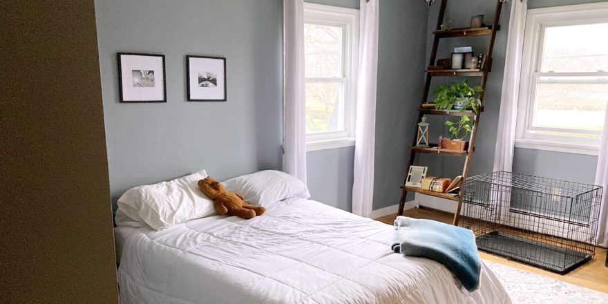 Bedroom with full bed, shelf with trinkets, and dog cage