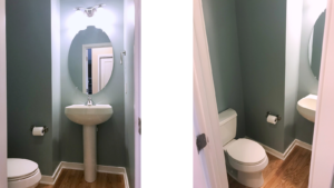 Bathroom with pedestal sink and toilet