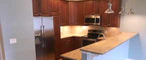 Kitchen with dark wood cabinets, wood-style flooring, stainless steel appliances, stone countertops