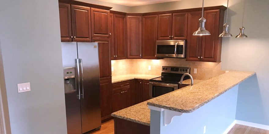 Kitchen with dark wood cabinets, wood-style flooring, stainless steel appliances, stone countertops