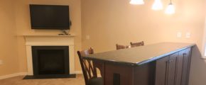 Carpeted basement with fireplace, TV, bar counter and bar seating