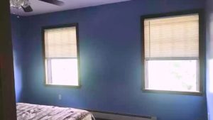 Bedroom with two windows, bed, and ceiling fan