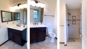 Bathroom with shower stall, vanity, toilet, and mirrors