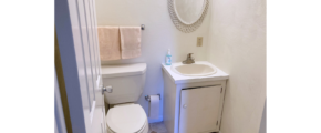 Half bathroom with toilet, vanity, and mirror