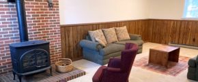 Carpeted basement den with wood wainscot, brick hearth, wood burning fireplace, and furniture