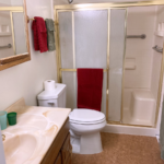 Bathroom with shower stall with glass door, vanity, medicine cabinet with mirror, and toilet