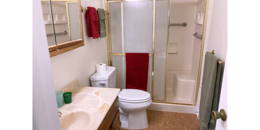 Bathroom with shower stall with glass door, vanity, medicine cabinet with mirror, and toilet