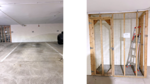 Parking space and storage unit with a ladder