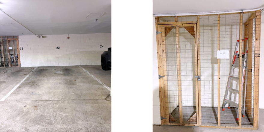 Parking space and storage unit with a ladder