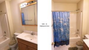 Full bathroom with tub/shower combo, toilet, vanity, and medicine cabinet
