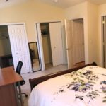 Bedroom with two closets, bed, and desk with chair