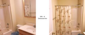 Full bathroom with tub/shower combo, toilet, vanity, and medicine cabinet