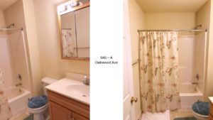 Full bathroom with tub/shower combo, toilet, vanity, and medicine cabinet