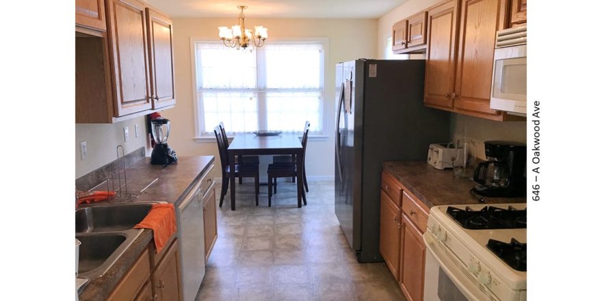 Kitchen with cabinets, appliances, and table