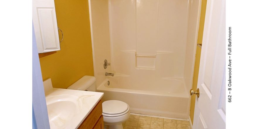 Full bathroom with medicine cabinet, vanity, toilet, and tub/shower combo