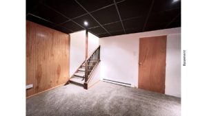 Basement area with carpet, bead board feature wall, and drop ceiling with recessed light