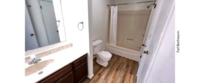 Full bathroom with large vanity, mirror, toilet, and tub/shower combo