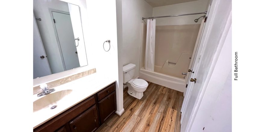 Full bathroom with large vanity, mirror, toilet, and tub/shower combo