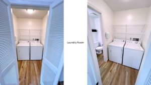 Laundry room with side-by-side top load washer and front load dryer and access to half bathroom