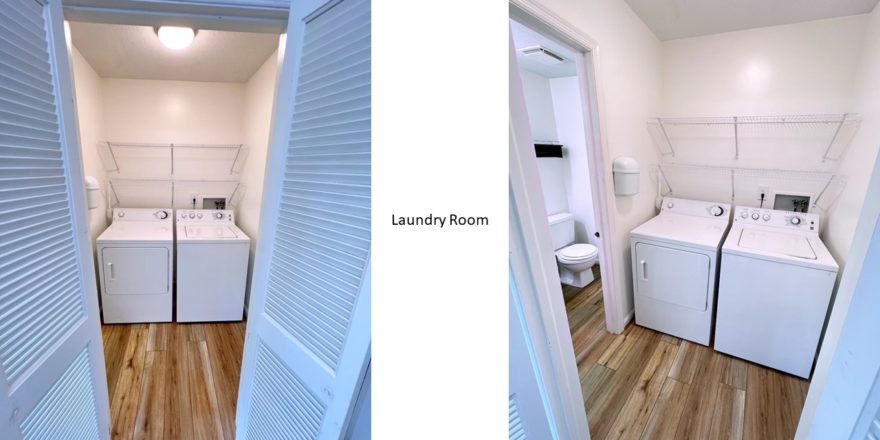 Laundry room with side-by-side top load washer and front load dryer and access to half bathroom