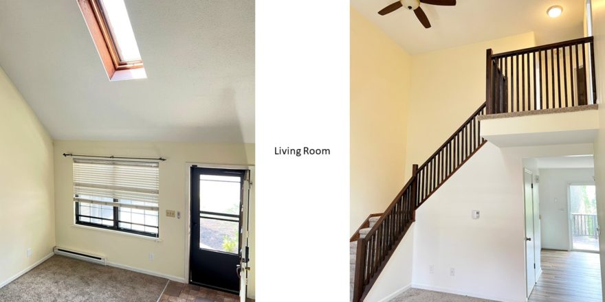 Carpeted, unfurnished living room with staircase, large windows and cathedral ceiling