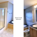 Large bathroom with double vanity, built-in cabinet storage, shower stall, and soaking tub