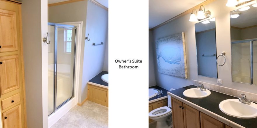 Large bathroom with double vanity, built-in cabinet storage, shower stall, and soaking tub