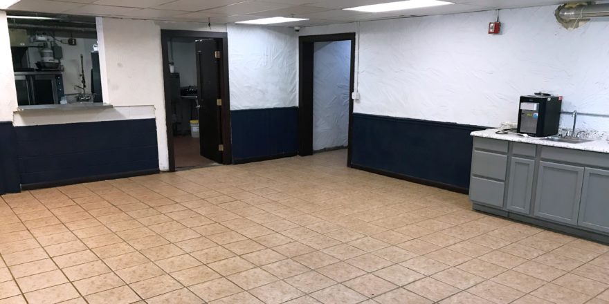 Large dining area with storage and tile floor