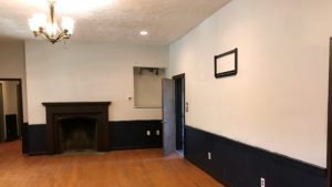 Great room with fireplace and built-in shelf
