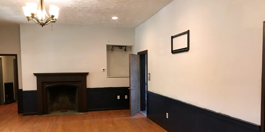 Great room with fireplace and built-in shelf