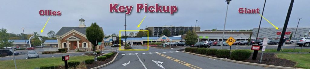 Image showing that the key pick-up location is between Ollies Bargain Outlet and Giant Food Stores.