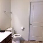 Bathroom with toilet and vanity and mirror