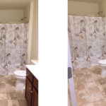 Bathroom with tub/shower combo, vanity, mirror, and toilet