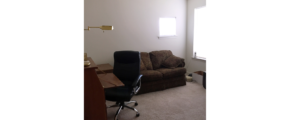 Bedroom set up as an office with a love seat, desk chair, and desk