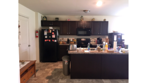 Kitchen with dark cabinets and black appliances