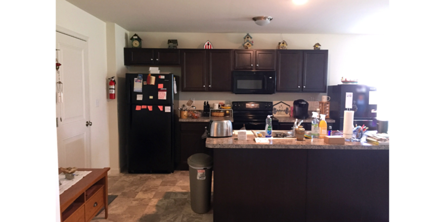 Kitchen with dark cabinets and black appliances