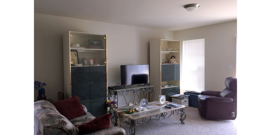 Living room with bookshelves, coffee table, seating, and TV