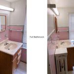 Full bathroom with vanity, medicine cabinet, toilet, shelving, and tub/shower combo