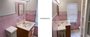 Full bathroom with vanity, medicine cabinet, toilet, shelving, and tub/shower combo