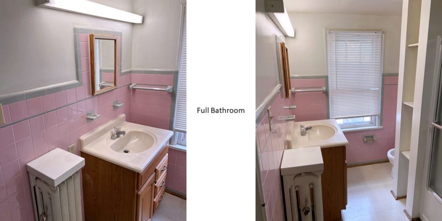 Full bathroom with vanity, medicine cabinet, toilet, shelving, and tub/shower combo