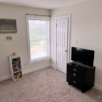 Bedroom with bookshelf, dresser, and TV