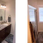 Owner's suite bathroom with double vanity, mirrors, toilet, and shower