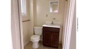 Bathroom with toilet, vanity, and mirror