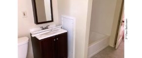 Bathroom with toilet, medicine cabinet, vanity, and tub/shower combo