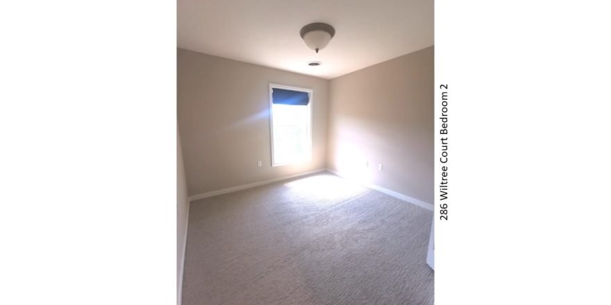 Carpeted bedroom with window and light fixture