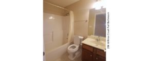 Full bathroom with vanity, mirror, toilet, and tub/shower combo