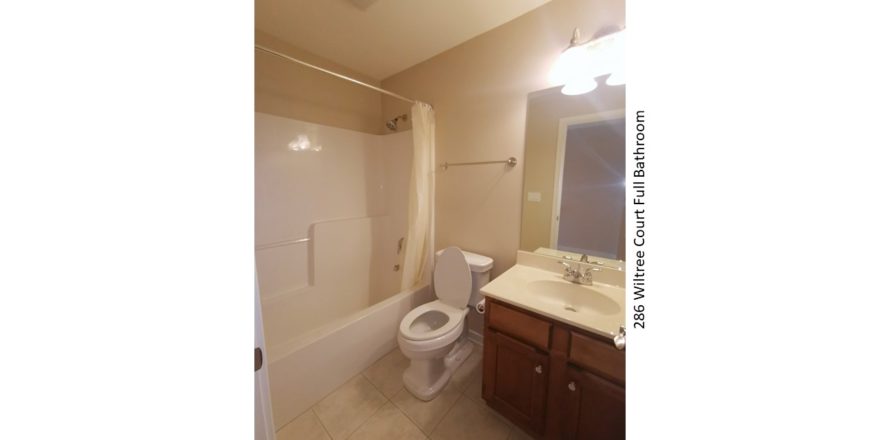 Full bathroom with vanity, mirror, toilet, and tub/shower combo