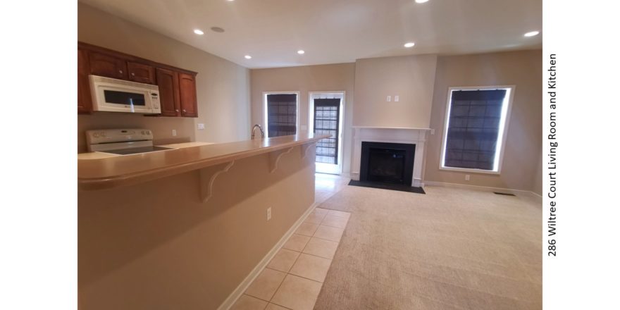 Kitchen and living room with gas fireplace