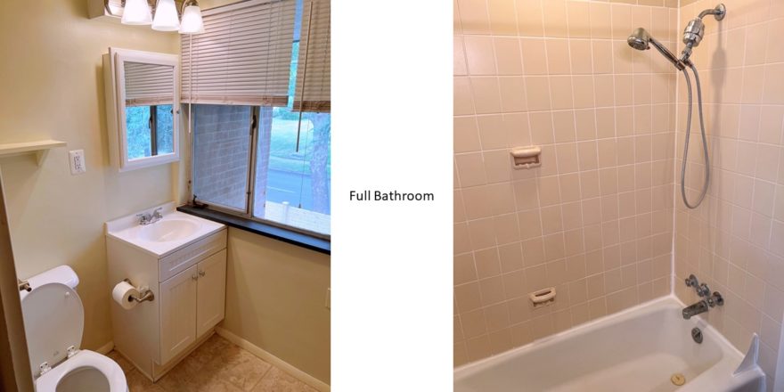 Full bathroom with vanity, medicine cabinet, toilet, shelving, and tub/shower combo