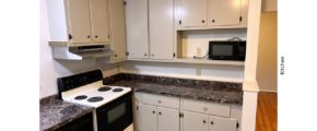 Kitchen with light gray cabinets, white and black range oven, black microwave, and black dishwasher